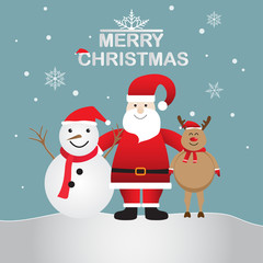 Happy Santa Claus with snowman and reindeer on winter background, Merry Christmas. Vector illustration