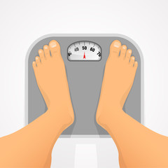 Person standing on the scales. Weight control and diet, weight gain or weight loss
