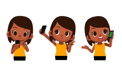 Vector set of cute female characters using mobile phone, smartphone