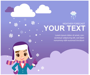 Vector female weather reporter character in snow cold winter background with mockup text.