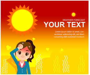 Vector female weather reporter character in hot summer background with mockup text.