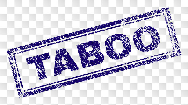 TABOO stamp seal imprint with rubber print style and double framed rectangle shape. Stamp is placed on a transparent background. Blue vector rubber print of TABOO label with grunge texture.
