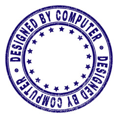 DESIGNED BY COMPUTER stamp seal imprint with distress texture. Designed with circles and stars. Blue vector rubber print of DESIGNED BY COMPUTER tag with unclean texture.