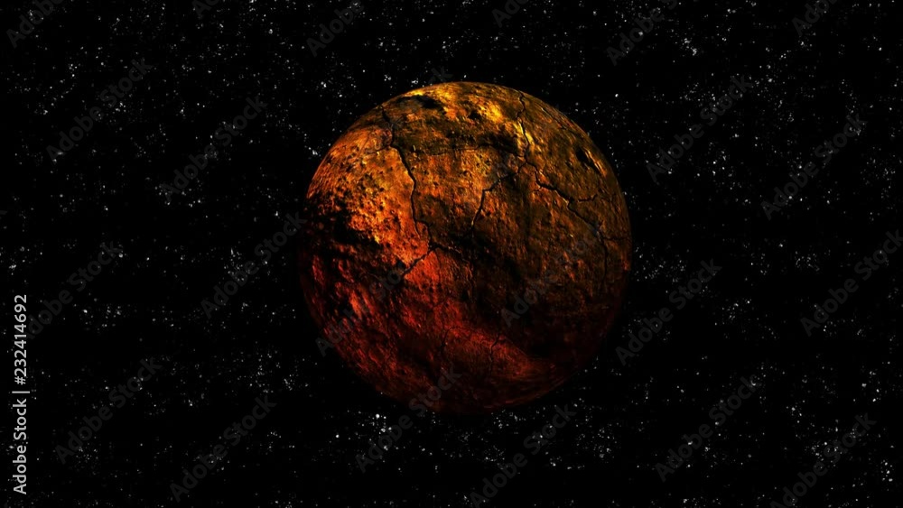 Wall mural orange and red cracked planet on starry space rotating or maybe a big orange asteroid rock in the ga