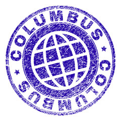 COLUMBUS stamp print with distress texture. Blue vector rubber seal print of COLUMBUS text with unclean texture. Seal has words arranged by circle and globe symbol.