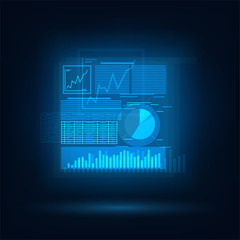 Blue screen with graphs and charts, online trading and business, electronic analytics and trade technologies