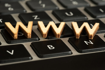 Ein Computer und Holzbuchstaben WWW