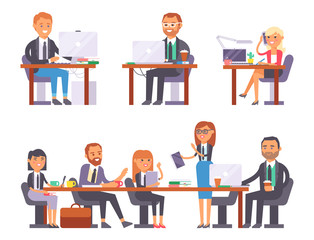 Vector flat people work place business worker person working on laptop at the table in office coworker businesswoman and businessman character workplace computer illustration