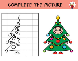 Complete the picture of a little girl in the carnival costume Christmas tree. Copy the picture. Coloring book. Educational game for children. Cartoon vector illustration