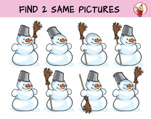 Funny snowman. Find two same pictures. Educational matching game for children. Cartoon vector illustration