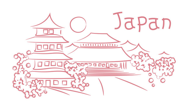 Drawing of the Japanese traditional buildings and cherry blossom. Travel to Japan