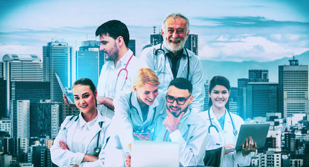 Healthcare people group portrait in creative layout. Professional medical staff, doctors, nurse and surgeon. Medical technology research institute and doctor staff service concept.