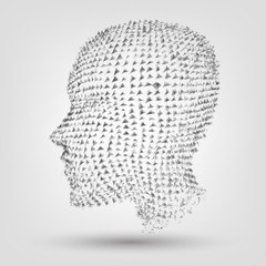 The head of a man from pieces, a hollogram. The concept: technology, artificial intelligence or stress, psychology, dipression.