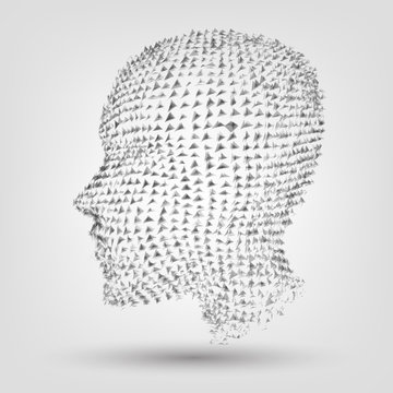 The head of a man from pieces, a hollogram. The concept: technology, artificial intelligence or stress, psychology, dipression.