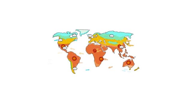 2d Animation motion graphics showing a drawing of the world weather map showing the continents of America, Europe, Asia, Africa, Oceania, Australia   on white screen in HD 720 high definition.