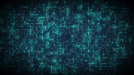 Bright glowing computer symbols appear on stream grid in futuristic big data information technology concept. Dark cyberspace internet or cryptocurrency blockchain network background.4K 3D illustration