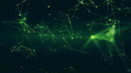 Naklejka na ściany i meble Abstract futuristic plexus 3D illustration of bright green surface with connecting dots. Neural mesh representing internet, cloud computing and blockchain distributed network.