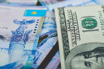 Tenge. Kazakh money and dollars. Background of the money.