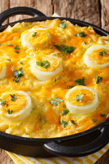 English Anglesey Egg baked mashed potatoes with leek sauce, cheese and boiled eggs close-up. vertical