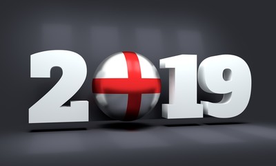 2019 Happy New Year Background for seasonal greetings card or Christmas themed invitations. Flag of the England. 3D rendering