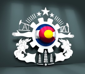 Mining industry emblem. Human arms and cog wheel. Sphere textured by flag of Colorado. 3D rendering
