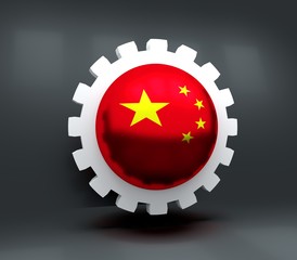 Cog wheel with China flag. Precision machinery relative backdrop. 3D rendering