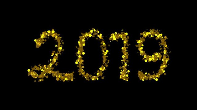 Number 2019 of sparkling golden particles looms gradually, flickers and also gradually disappears. Holiday date 2019 New Year. Included alpha channel for use in motion design