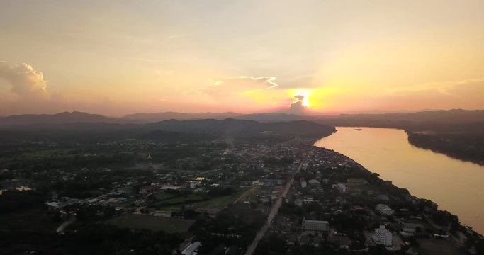 Aerial view sunset at Mekong river between Laos - Chiang Khan Loei province Thailand
