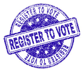 REGISTER TO VOTE stamp seal watermark with grunge texture. Designed with rounded rectangles and circles. Blue vector rubber print of REGISTER TO VOTE caption with dirty texture.