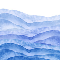 Fototapeta premium Watercolor line of blue paint, splash, smear, blot, abstraction. Used for a variety of design and decoration. Strokes of paint, lines, splash. Horizontal line,background. Blue sea, Hill, fog mountain