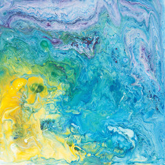 Fototapeta na wymiar Colorful yellow and blue wavy texture. Abstract acrylic painting. Fluid art.