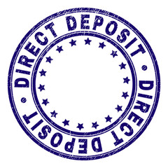 DIRECT DEPOSIT stamp seal watermark with grunge texture. Designed with circles and stars. Blue vector rubber print of DIRECT DEPOSIT tag with dirty texture.