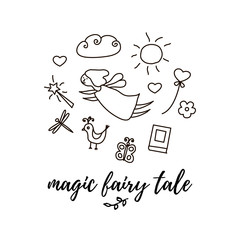 Princess concept with fairy, magic wand, butterfly and lettering. vector illustration in doodle style