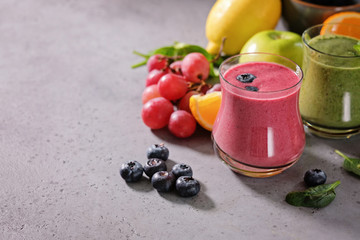 Colorful smoothie, healthy detox vitamin diet. Vegan drinks with fresh fruits