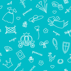 Seamless pattern with hand drawn brougham, castle, fairy, magic wand, crown, hat, flowers, dress, ring, butterfly, bird, mask and other. Vector illustration in doodle style on blue background