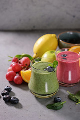 Colorful smoothie, healthy detox vitamin diet. Vegan drinks with fresh fruits