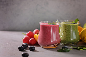 Colorful smoothie, healthy detox vitamin diet. Vegan drinks with fresh fruits