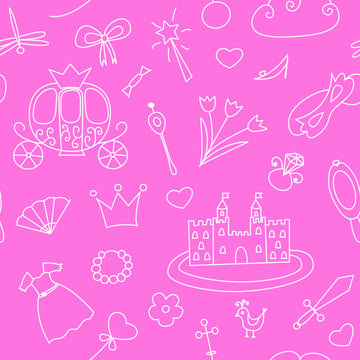 Seamless pattern with hand drawn carriage, castle, fairy, magic wand, crown, hat, flowers, dress, ring, butterfly, bird, mask and other. Vector illustration in doodle style on pink background