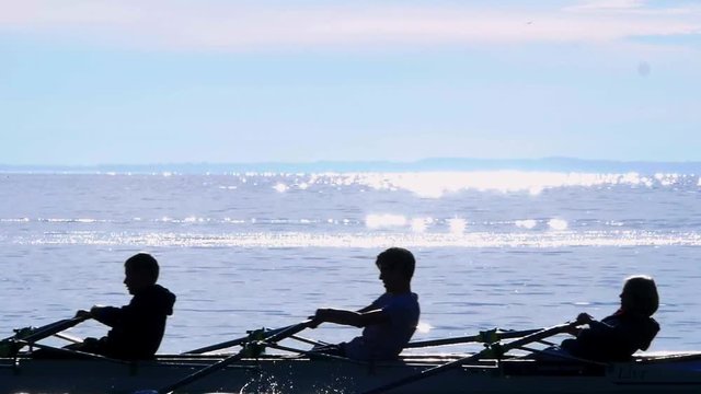 Slow-motion shot of four young rowers training on a peaceful lake during a sunny day