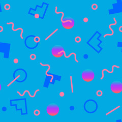 Seamless pattern with 80s memphis geometics style and vibrant psychedelic colors