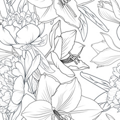 Peony and lily flowers seamless pattern texture. Black white greyscale realistic detailed line drawing outline sketch. Floral botanical vector design illustration.
