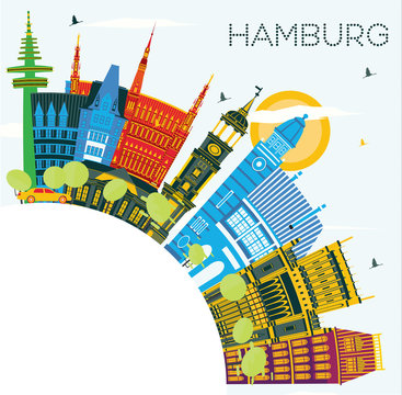 Hamburg Germany City Skyline with Color Buildings, Blue Sky and Copy Space.
