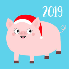 Happy New Year 2019. Pig wearing red Santa hat. Chinise symbol. Cute cartoon funny character. Flat design. Blue background. Isolated.