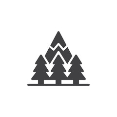 Mountain forest vector icon. filled flat sign for mobile concept and web design. Snowy mountain peak and trees simple solid icon. Symbol, logo illustration. Pixel perfect vector graphics