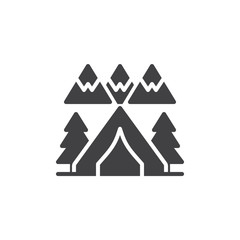 Forest camping tent vector icon. filled flat sign for mobile concept and web design. Mountains trees and winter shelter simple solid icon. Symbol, logo illustration. Pixel perfect vector graphics
