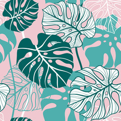 Hand drawn seamless vector pattern with tropical palm leaves on pink background.