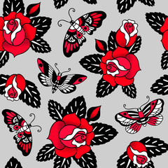 Seamless vector pattern with tattoo roses and butterflies on grey background. 