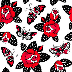 Seamless vector pattern with tattoo roses and butterflies on white background. 