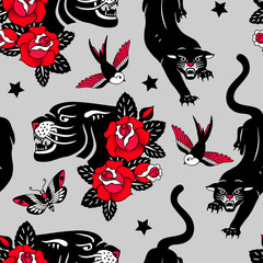 Seamless vector pattern with tattoo roses, black panthers, birds and butterflies on grey background.