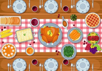 Thanksgiving greeting card dinner table in flat style design